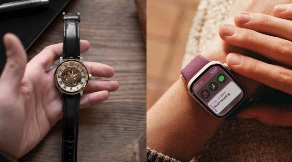 اكتشف 30 تقنيات قديمة وبدائلها الحالية على اليسار، ساعة يد ذات مؤشر، وعلى اليمين، ساعة ذكية جاءت لتحل محلها / الصورة: showmetech