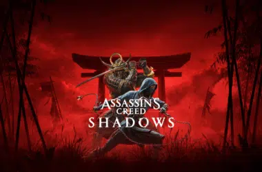 Luta de samurai em cenário japonês vermelho com torii ao fundo - assassin's creed shadows.