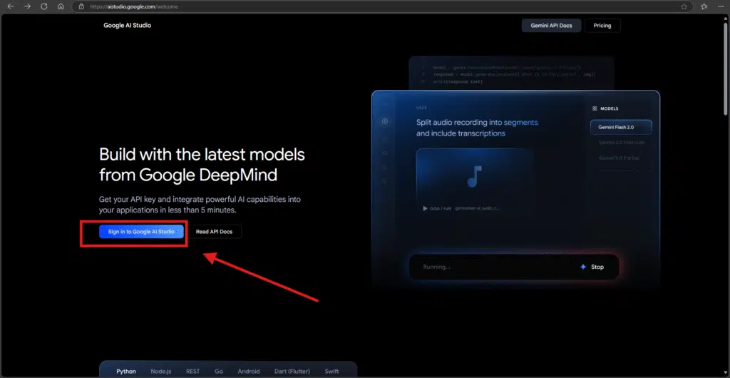 Como editar imagem no google ai studio Site do google ai studio com opção para entrar no ambiente de ia