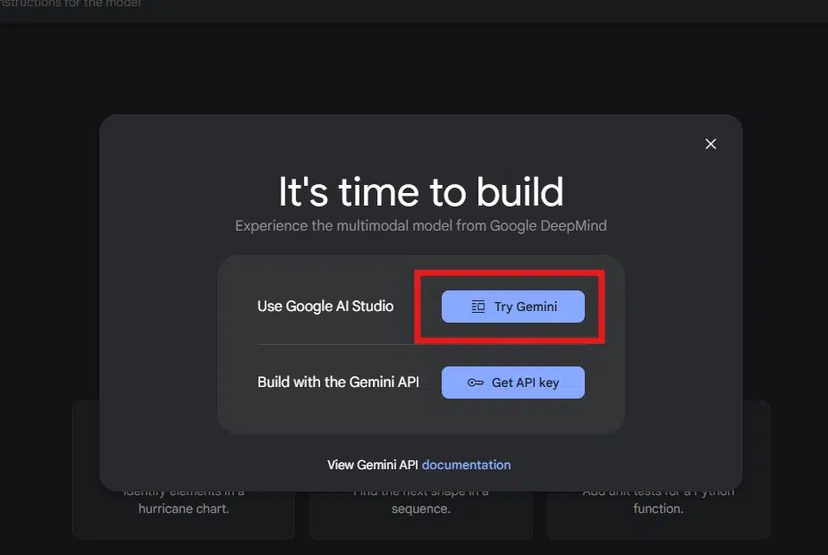 Como editar imagem no google ai studio Pop-up ao iniciar o google ai studio com opções de utilizar os modelos do gemini ou a api