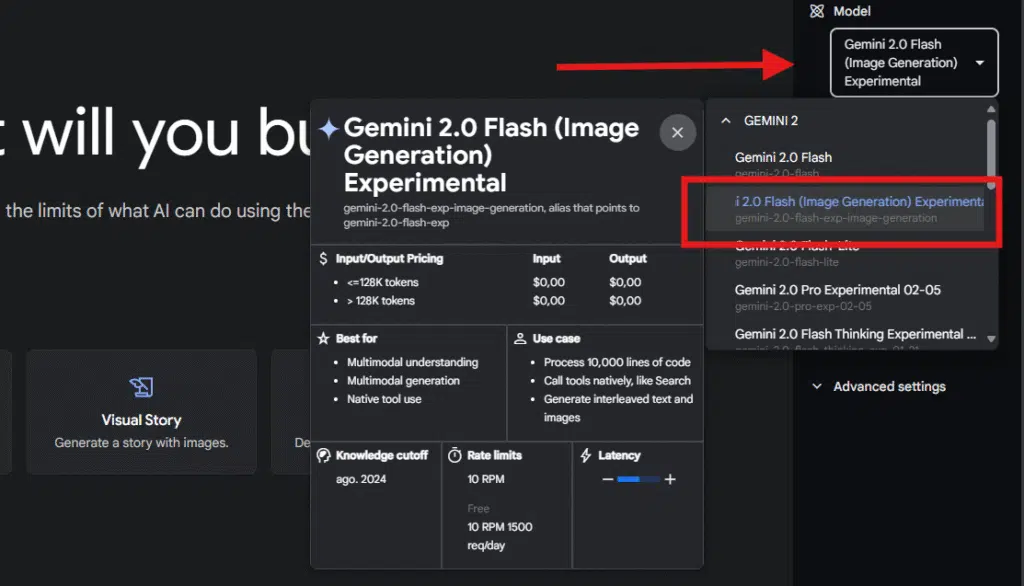 Como editar imagem no google ai studio Opções de modelo de inteligência artificial do google dispostos em uma tela de seleção no lado direito do estúdio