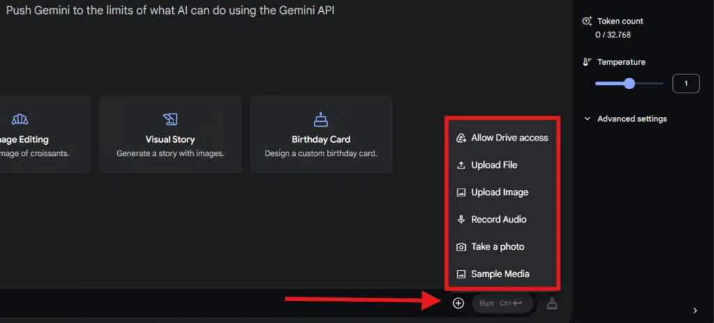 Como editar imagem no google ai studio Opções de upload de arquivos no ai studio