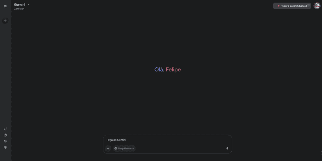 Como usar o deep research do gemini para fazer pesquisas e trabalhos para você (de graça) Tela inicial do deep research do gemini