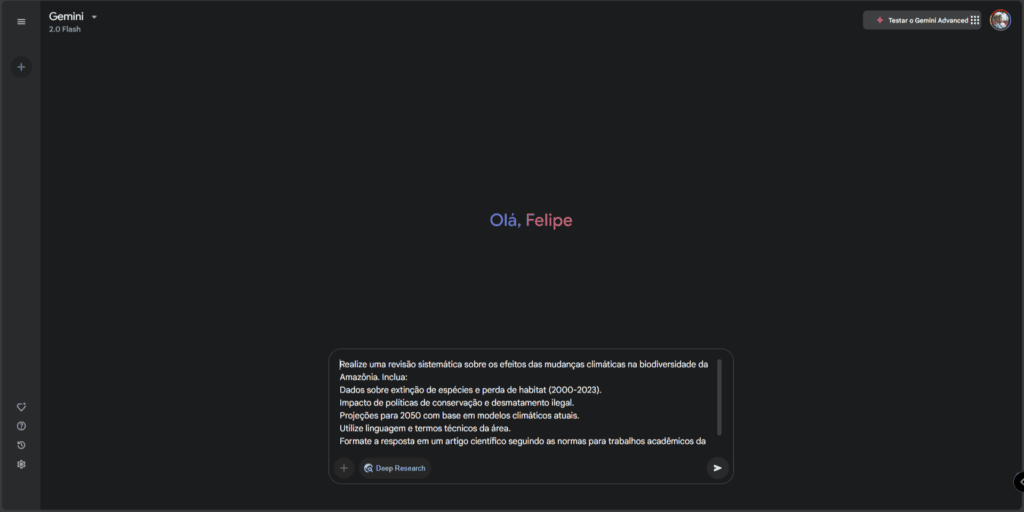 Como usar o deep research do gemini para fazer pesquisas e trabalhos para você (de graça) Tela de pesquisa do gemini com o botão "deep research" ativado, em azul, com um prompt escrito