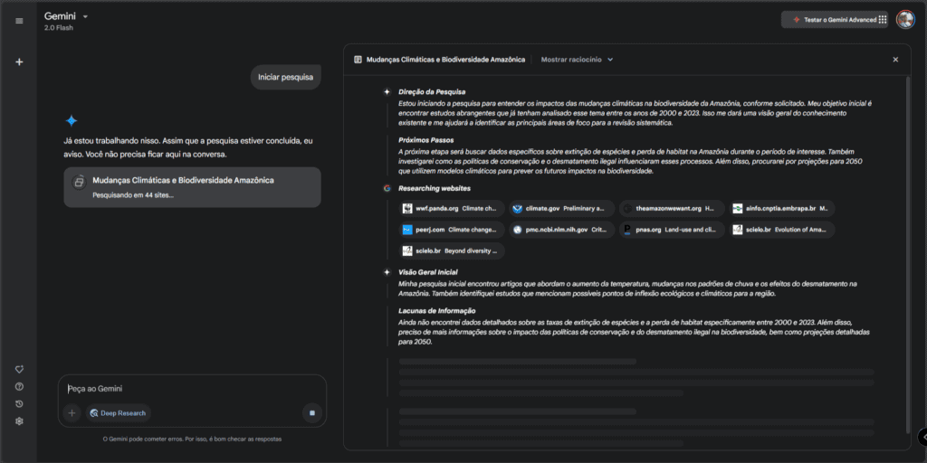 כיצד להשתמש ב-Gemini Deep Research כדי לבצע מחקר ולעבוד עבורך (בחינם) מסך חיפוש מזל תאומים עם קטע בצד ימין המדגים את התהליך שלב אחר שלב המבוצע על ידי בינה מלאכותית