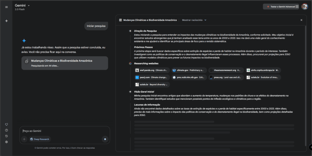 Como usar o deep research do gemini para fazer pesquisas e trabalhos para você (de graça) Tela de pesquisa do gemini com uma seção à direita demonstrado o passo-a-passo realizado pela inteligência artificial