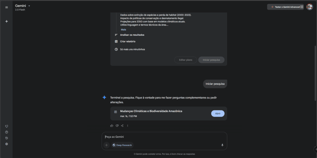 Como usar o deep research do gemini para fazer pesquisas e trabalhos para você (de graça) Tela de pesquisa do gemini com o relatório pronto