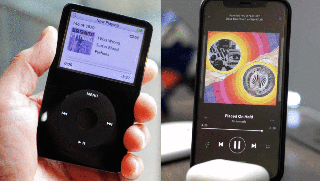 اكتشف 30 تقنيات قديمة وبدائلها الحالية على اليسار، جهاز iPod وعلى اليمين، مثال على خدمة بث الموسيقى التي حلت محله / الصورة: showmetech