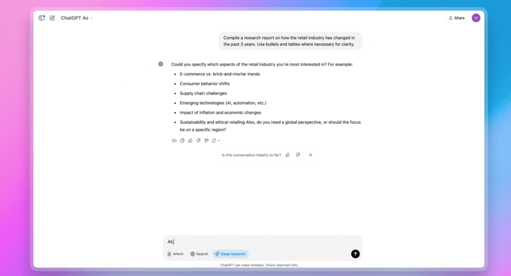 Hoe u chatgpt deep research kunt gebruiken om onderzoek te doen en voor u te werken Diepgaand onderzoeksscherm met de opdracht "maak een rapport over hoe de detailhandel de afgelopen 3 jaar is veranderd. Gebruik indien nodig opsommingstekens en tabellen om te verduidelijken"