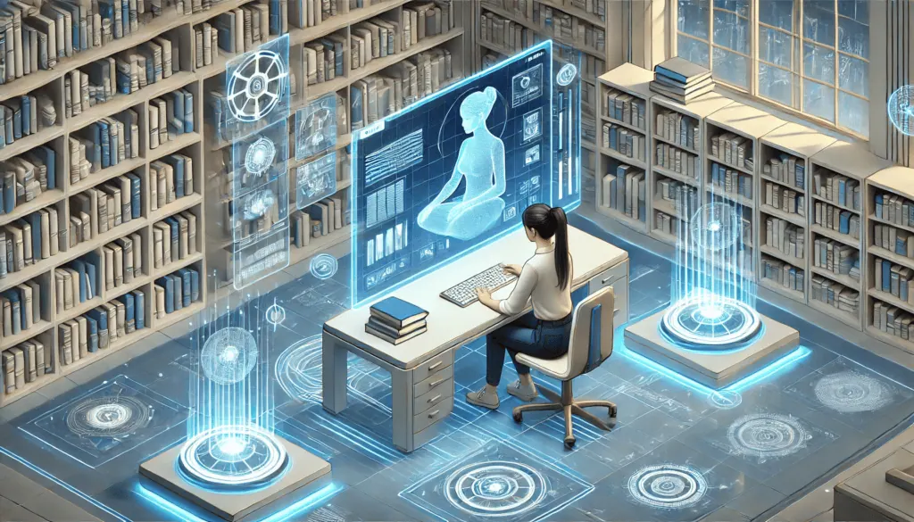 Hoe u chatgpt deep research kunt gebruiken om onderzoek te doen en voor u te werken Een student zit in een futuristische bibliotheek, omringd door zwevende boekhologrammen en complexe 3D-graphics. Ze communiceert met een transparante chatgpt-interface, terwijl lichtgevende datastromen (in blauw en wit) wetenschappelijke artikelen verbinden met een digitaal brein. 3D isometrische stijl, vloeiende geometrische lijnen, hoofdpalet in lichtblauw en wit met gouden details om kennis te symboliseren