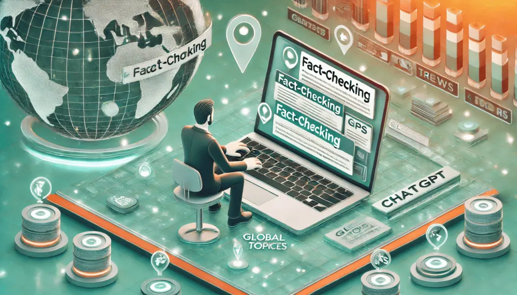 Hoe u chatgpt deep research kunt gebruiken om onderzoek te doen en voor u te werken Een journalist in een hightech-nieuwsredactie typt op een laptop met een gesplitst scherm: aan de ene kant zwevende nieuwskoppen; Aan de andere kant toont chatgpt prompts zoals 'fact check' en 'global sources'. Eromheen draait een digitale wereldbol met GPS-markeringen en trending topic-iconen.