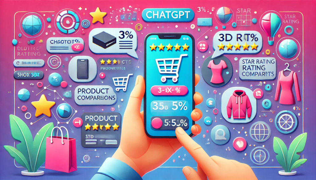 Hoe u chatgpt deep research kunt gebruiken om onderzoek te doen en voor u te werken Een persoon houdt een smartphone vast met een chatgpt-interface open, waarop 3D-productvergelijkingen worden weergegeven (zoals elektronica en kleding). Daaromheen zwevende prijskaartjes, grafieken met sterrenbeoordelingen en een achtergrond met e-commerce-iconen (winkelwagens, digitale portemonnees).