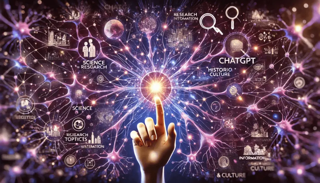 Hoe u chatgpt deep research kunt gebruiken om onderzoek te doen en voor u te werken Een menselijke hand raakt een netwerk van lichtgevende verbindingen aan (zoals neuronen of sterrenstelsels), waarbij elk knooppunt onderzoeksthema's onthult: wetenschap, geschiedenis, cultuur. Chatgpt verschijnt als een centrale kern die informatie uitstraalt, terwijl een vergrootglas de details vergroot.