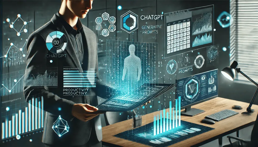 Hoe u chatgpt deep research kunt gebruiken om onderzoek te doen en voor u te werken Een professional in een modern kantoor, terwijl hij een rapport vasthoudt met grafieken die omgezet kunnen worden in binaire codes. Op de achtergrond wordt een scherm weergegeven waarin chatgpt realtime prompts genereert, met kalenderpictogrammen, productiviteitsgrafieken en oplichtende netwerken van verbindingen (knooppunten). Isometrische 3D-stijl, sobere kleuren (donkergrijs en turquoise) met subtiele neoneffecten