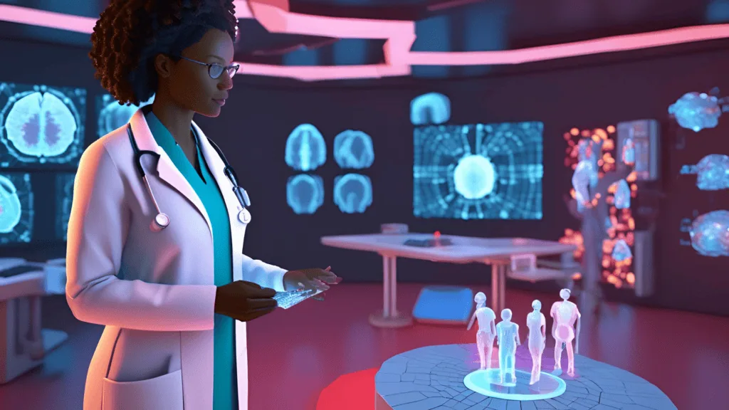 Hoe u chatgpt deep research kunt gebruiken om onderzoek te doen en voor u te werken Een arts in een futuristisch laboratorium analyseert zwevende MRI-hologrammen. Daarnaast toont een chatgpt-interface inzichten uit diepgaand zoeken, zoals tumorpatronen die in neonrood zijn gemarkeerd en 3D-grafieken van de voortgang van de ziekte. Gegevens stromen als lichtdeeltjes van een digitaal brein naar een transparant scherm, terwijl een robotassistent een tablet vasthoudt met nauwkeurige diagnostische statistieken. Stijl: 3D isometrische illustratie, strakke lijnen, diepblauwe achtergrond met kleurverloop. Markeer elementen in fluorescerend groen en paars.