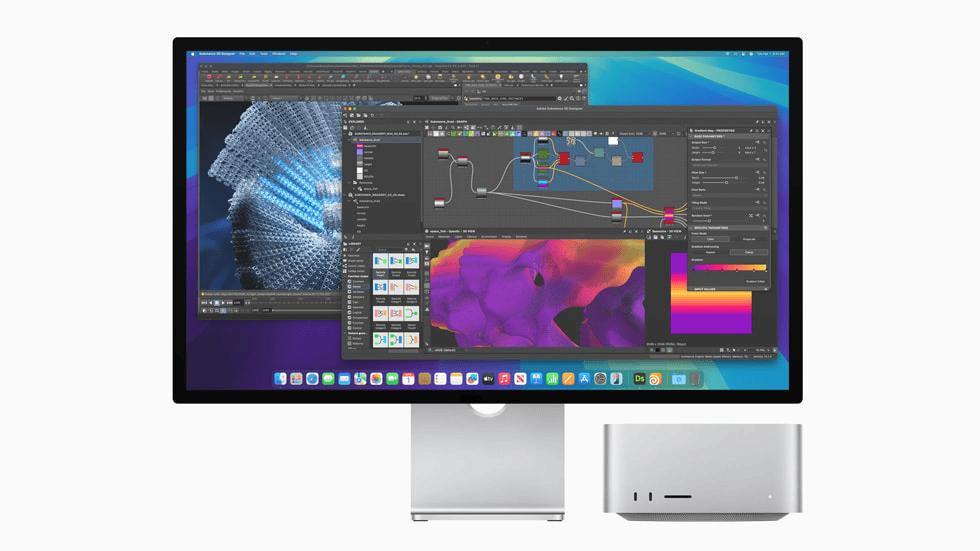 Mac studio, no lado inferior direito, e um monitor exibindo a execução de uma tarefa