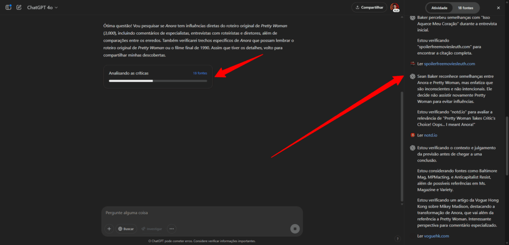 Hoe u chatgpt deep research kunt gebruiken om onderzoek te doen en voor u te werken Chatgpt-scherm na verzoek om diepgaand onderzoek, met verwerking en geraadpleegde bronnen aan de rechterkant van het scherm