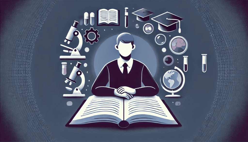 Como usar o deep research do gemini para fazer pesquisas e trabalhos para você (de graça) Ilustração em estilo minimalista, mostrando uma pessoa lendo ou escrevendo em um grande livro aberto ou tablet digital, cercada por ícones acadêmicos como um microscópio, globo e chapéu de formatura.