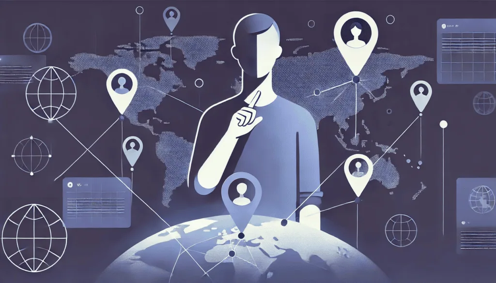 Como usar o deep research do gemini para fazer pesquisas e trabalhos para você (de graça) Ilustração em estilo minimalista, retratando uma pessoa apontando para um mapa-múndi estilizado ou globo com pinos de localização e linhas de conexão, simbolizando análise política/geopolítica