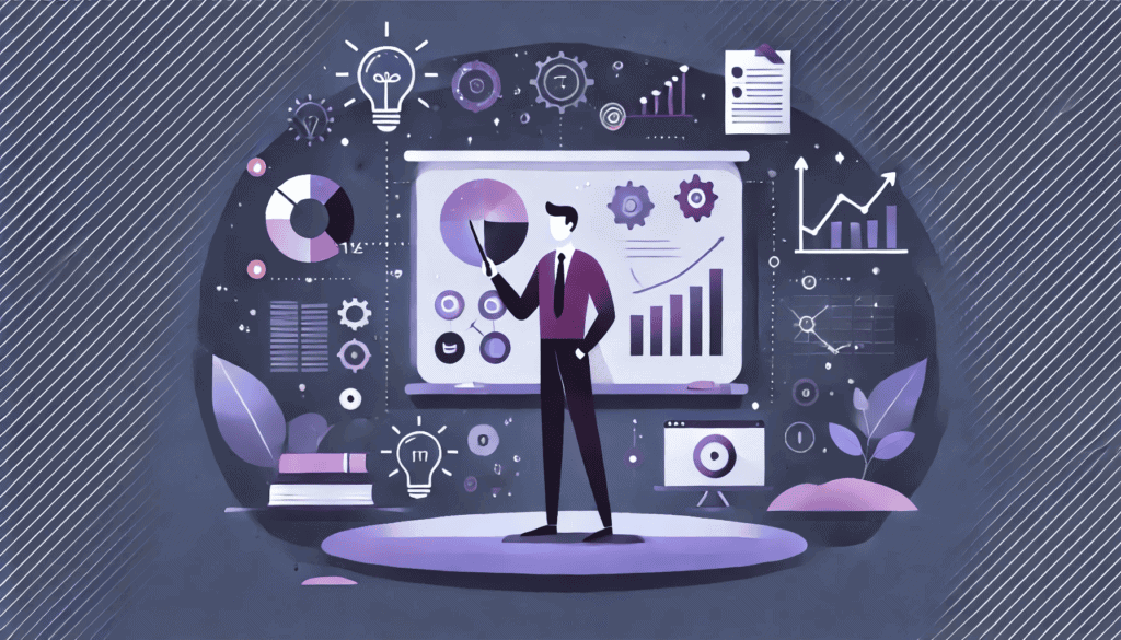 כיצד להשתמש ב-Gemini Deep Research כדי לבצע מחקר ולעבוד עבורך (בחינם) איור המראה אדם המציג או יוצר תוכן חינוכי על מסך או לוח, עם אייקונים כגון נורות, ספרים ותרשימים.