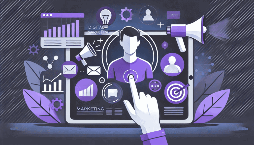 כיצד להשתמש ב-Gemini Deep Research כדי לבצע מחקר ולעבוד עבורך (בחינם) איור בסגנון מינימליסטי המראה אדם באינטראקציה עם אלמנטים שיווקיים דיגיטליים כגון גרפיקה, אייקונים של מדיה חברתית ומגפונים על מסך.