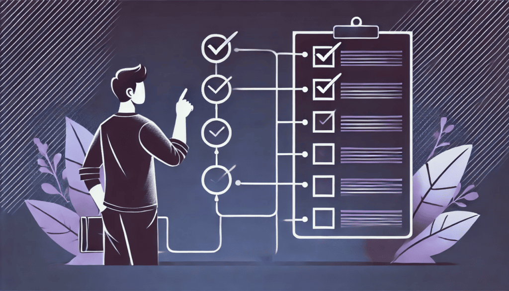 כיצד להשתמש ב-Gemini Deep Research כדי לבצע מחקר ולעבוד עבורך (בחינם) איור המציג אדם מצביע על רשימת בדיקה גדולה או מפת דרכים עם משימות או יעדים מחוברים.