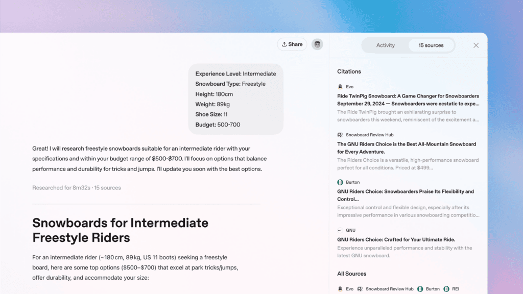 Hoe u chatgpt deep research kunt gebruiken om onderzoek te doen en voor u te werken Screenshot van chatgpt met behulp van de diepgaande onderzoeksfunctie, met gecentraliseerde opdracht en rapport en processen aan de rechterkant