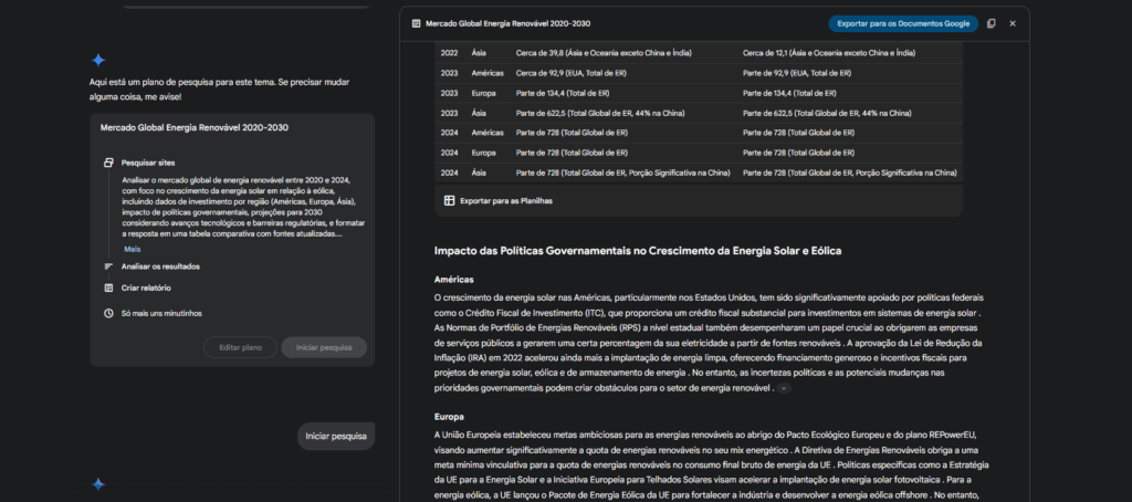 כיצד להשתמש ב-Gemini Deep Research כדי לבצע מחקר ולעבוד עבורך (בחינם) מסך תאומים עם תגובה מחקרית עמוקה על ניתוח של שוק האנרגיה המתחדשת העולמי