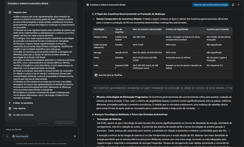 Como usar o deep research do gemini para fazer pesquisas e trabalhos para você (de graça) Tela do deep research com resposta e tabela sobre questoes socioeconomicas