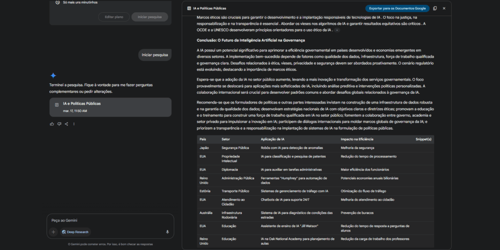 Como usar o deep research do gemini para fazer pesquisas e trabalhos para você (de graça) Imagem da tela do gemini com resposta sobre questão geopolítica no deep research