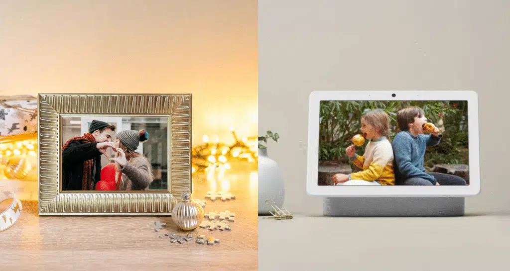 Conheça 30 tecnologias antigas e suas atuais substitutas À esquerda, um antigo porta-retratos e à direita, um google nest que veio para substituí-lo / imagem: showmetech