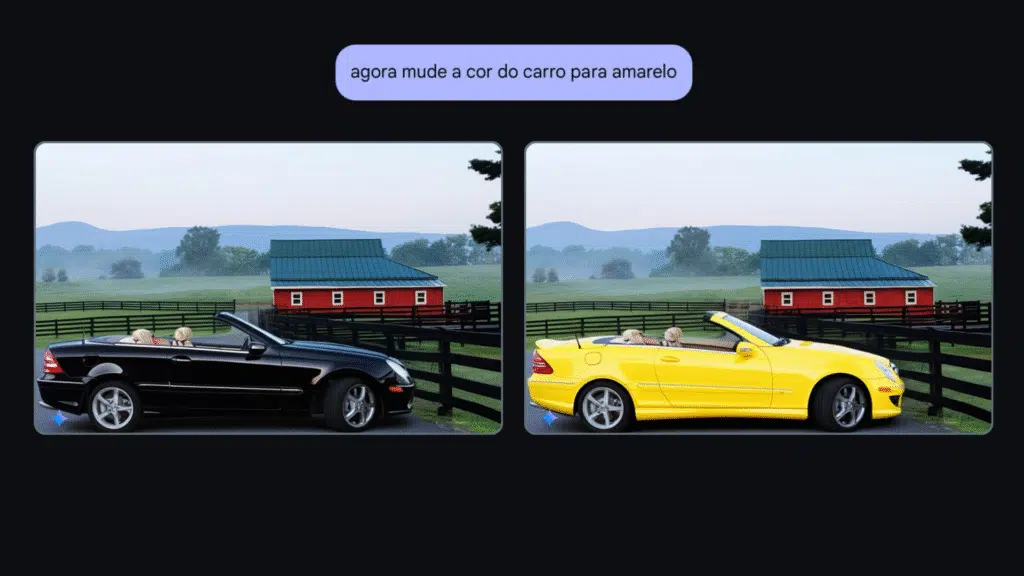 Como editar imagem no google ai studio Foto de um carro em um ambiente rural. 1ª foto: carro preto sedan em um ambiente rural com uma casa vermelha ao fundo 2ª foto: o carro está amarelo
