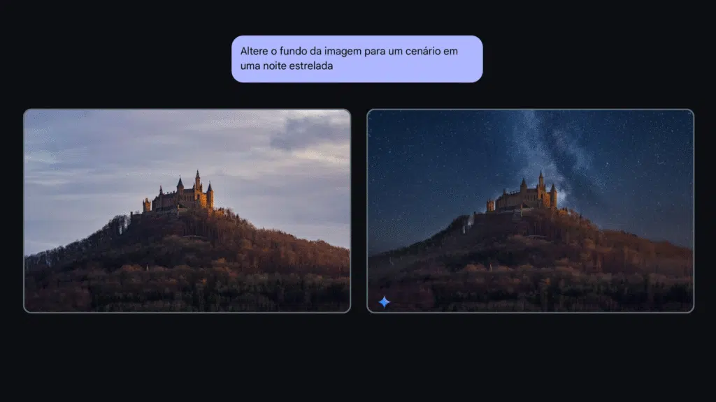 Como editar imagem no google ai studio Comando para substituição do fundo de uma imagem com um castelo no topo de um morro