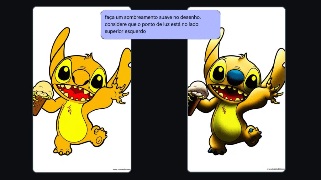 Como editar imagem no google ai studio Ambiente do ai studio com duas imagens do stitch, de lilo e stich, uma em tons de vermelho e outra também em tons de vermelho, mas com sombras aprimoradas