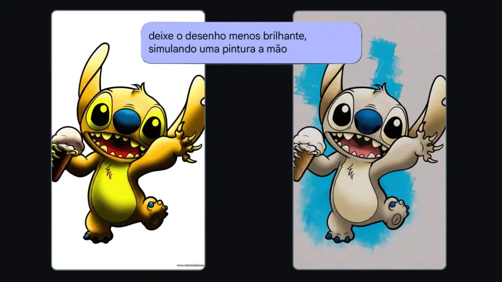 Como editar imagem no google ai studio Ambiente do ai studio com duas imagens do stitch, de lilo e stich, uma em tons de vermelho e outra também em tons de vermelho, mas com sombras aprimoradas