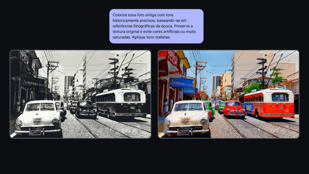 Como editar imagem no google ai studio Imagem do google ai studio com uma foto antiga em preto e branco e, após, a mesma foto colorizada por ia