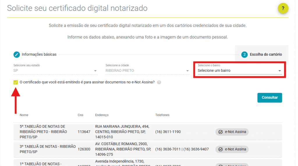 כיצד להשתמש ב-e-notary, משרד הנוטריון המקוון, ולקבל את התעודה הדיגיטלית שלך בחינם מסך בחירת נוטריון לפי עיר