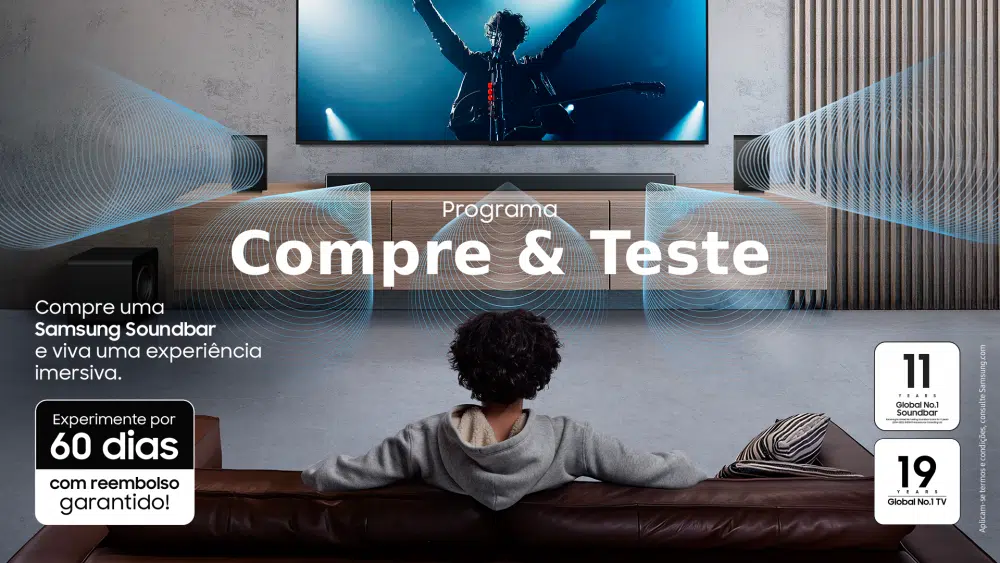 Compre e teste: samsung deixa você experimentar uma soundbar por 60 dias. Veja como Imagem promocional do programa "compre e teste" da samsung oferece aos consumidores da américa latina uma oportunidade experimentar modelos de soundbars por até 60 dias.