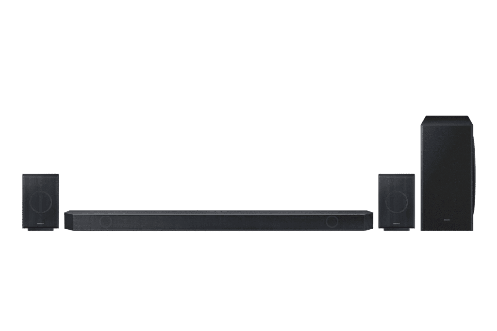 Compre e teste: samsung deixa você experimentar uma soundbar por 60 dias. Veja como A soundbar samsung hw-q930d possui 9. 1. 4 canais, caixas traseiras sem fio e dolby atmos, criando uma experiência sonora tridimensional.