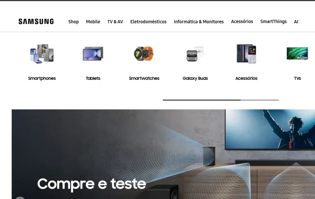 Compre e teste: samsung deixa você experimentar uma soundbar por 60 dias. Veja como Captura de tela do samsung shop