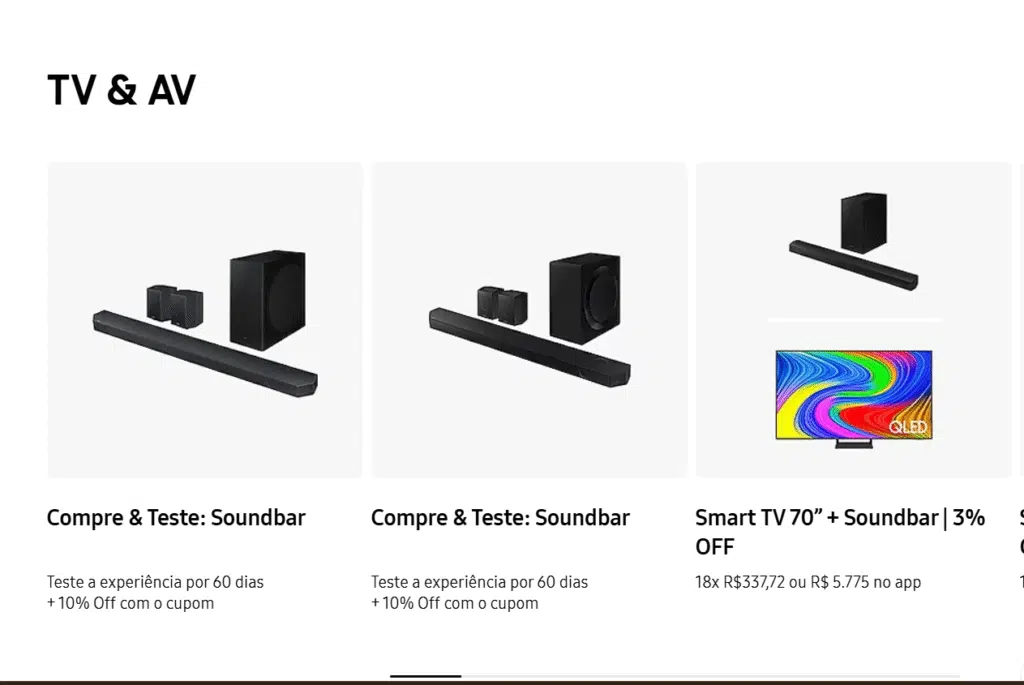 Compre e teste: samsung deixa você experimentar uma soundbar por 60 dias. Veja como Compre e teste soundbar no site da samsung