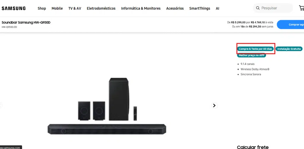 Compre e teste: samsung deixa você experimentar uma soundbar por 60 dias. Veja como Imagem de uma soundbar no site da samsung