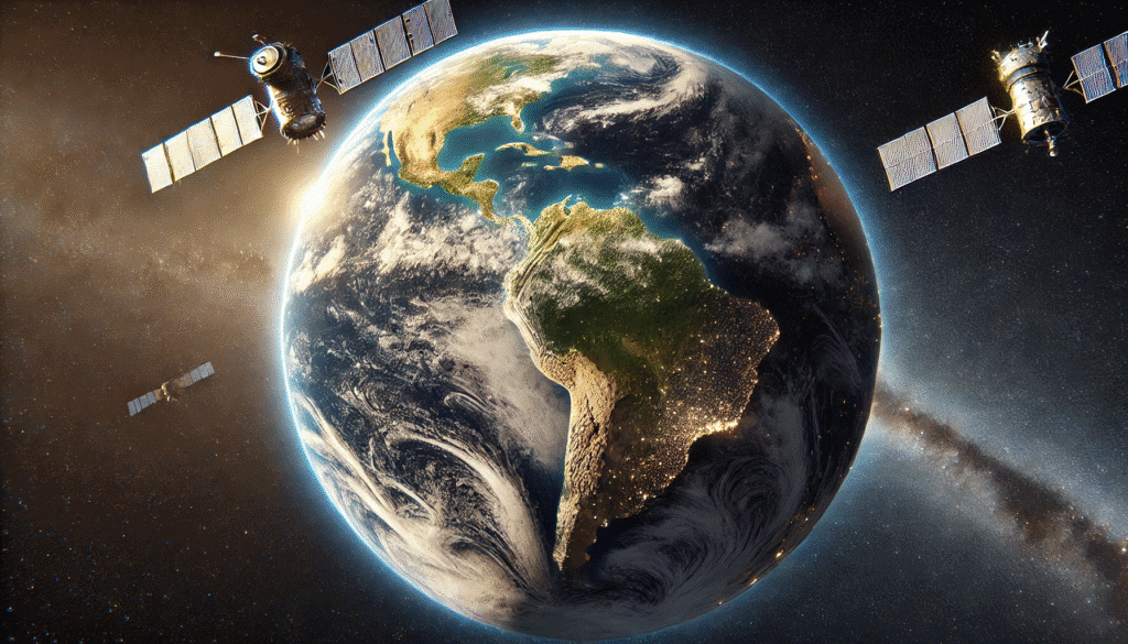 هل تصل خطة Starlink للهاتف المحمول عبر الأقمار الصناعية إلى البرازيل؟ يفهم صورة للأرض كما شوهدت من الفضاء مع التركيز على أمريكا الجنوبية والبرازيل مع قمرين صناعيين متمركزين