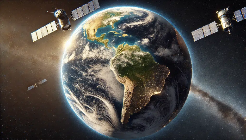 Starlink satellitt mobiltelefon plan kommer til Brasil? Forstå Bilde av jorden sett fra verdensrommet med fokus på Sør-Amerika og Brasil med 2 satellitter plassert