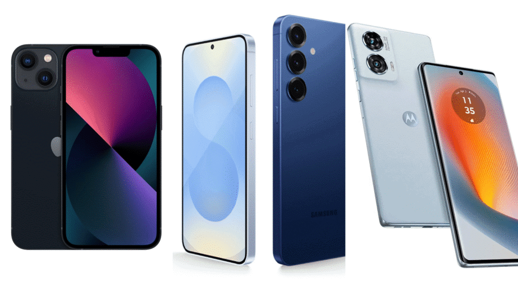 هل تصل خطة Starlink للهاتف المحمول عبر الأقمار الصناعية إلى البرازيل؟ يفهم مونتاج بثلاثة أجهزة من اليسار إلى اليمين، آيفون، وسامسونج جلاكسي إس 25، وموتورولا إيدج 50