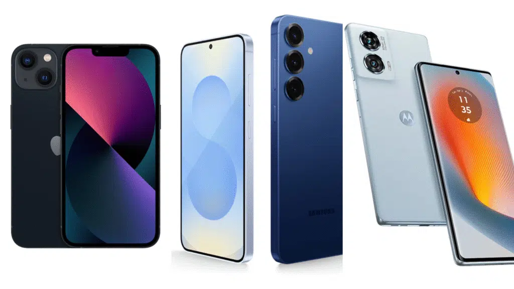 Starlink satellitt mobiltelefon plan kommer til Brasil? Forstå Montering med tre enheter, fra venstre til høyre, en iPhone, en Samsung Galaxy S25 og en Motorola Edge 50