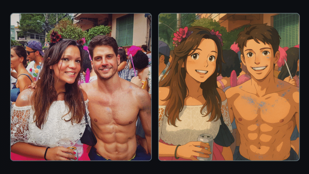Veja como fazer fotos no estilo do studio ghibli com o chatgpt Foto de uma mulher e um homem no carnaval