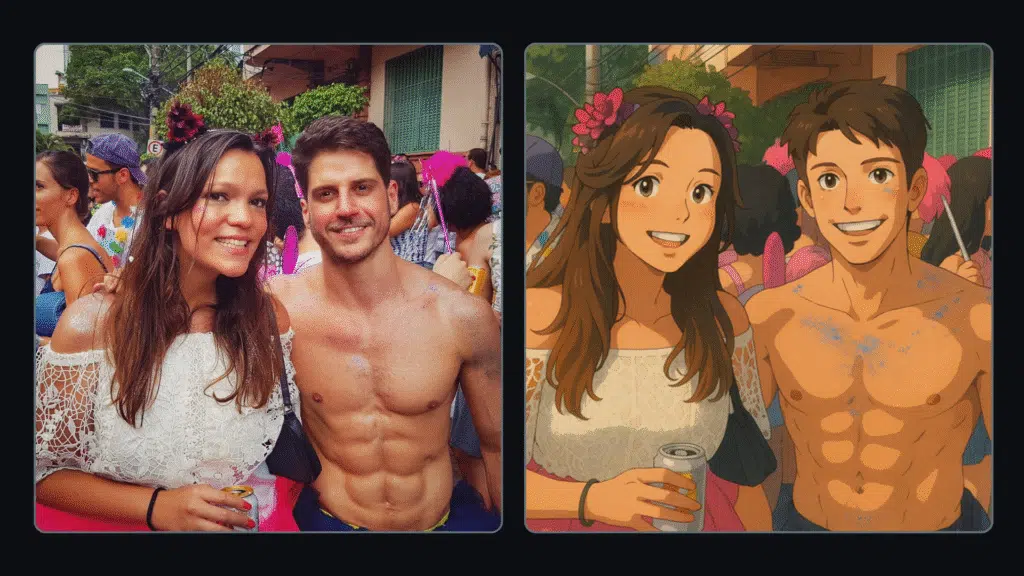 Se hvordan du tar bilder i stil med Studio Ghibli med chatgpt Bilde av en kvinne og en mann på karneval