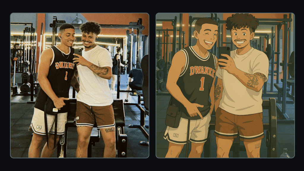 Veja como fazer fotos no estilo do studio ghibli com o chatgpt Dois homens na academia, à esquerda, e à direita mesma foto transformada em estilo de anime