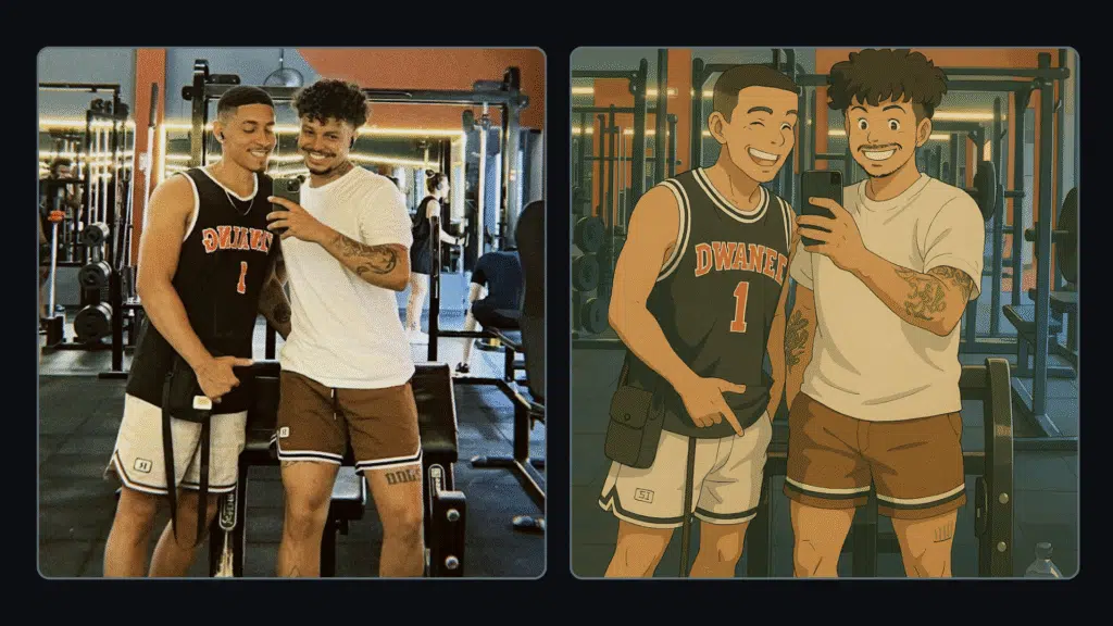 Se hvordan du tar bilder i stil med Studio Ghibli med chatgpt To menn på treningsstudioet, til venstre og til høyre, det samme bildet forvandlet til anime-stil